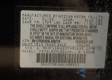 2022 Nissan Kicks S Xtronic Cvt z USA, uszkodzony, nr VIN 3N1CP5BV6NL488219